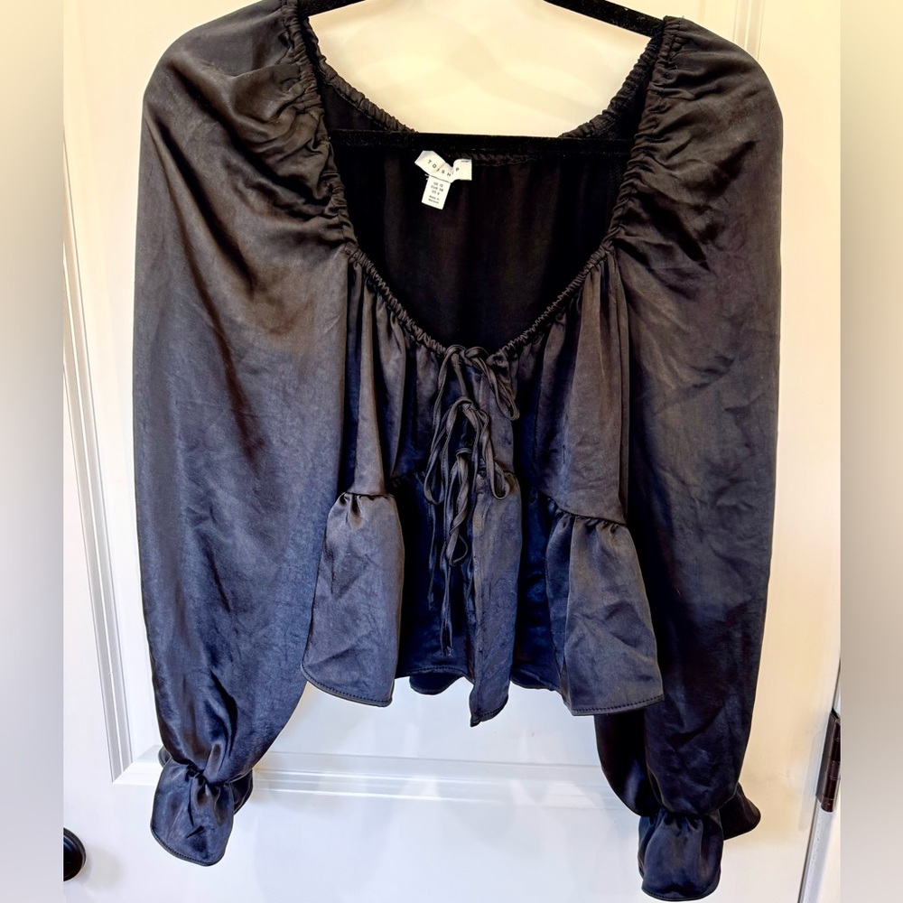 TOPSHOP Black tie-front satin like, gathered sleeve blouse -size 6 EUC